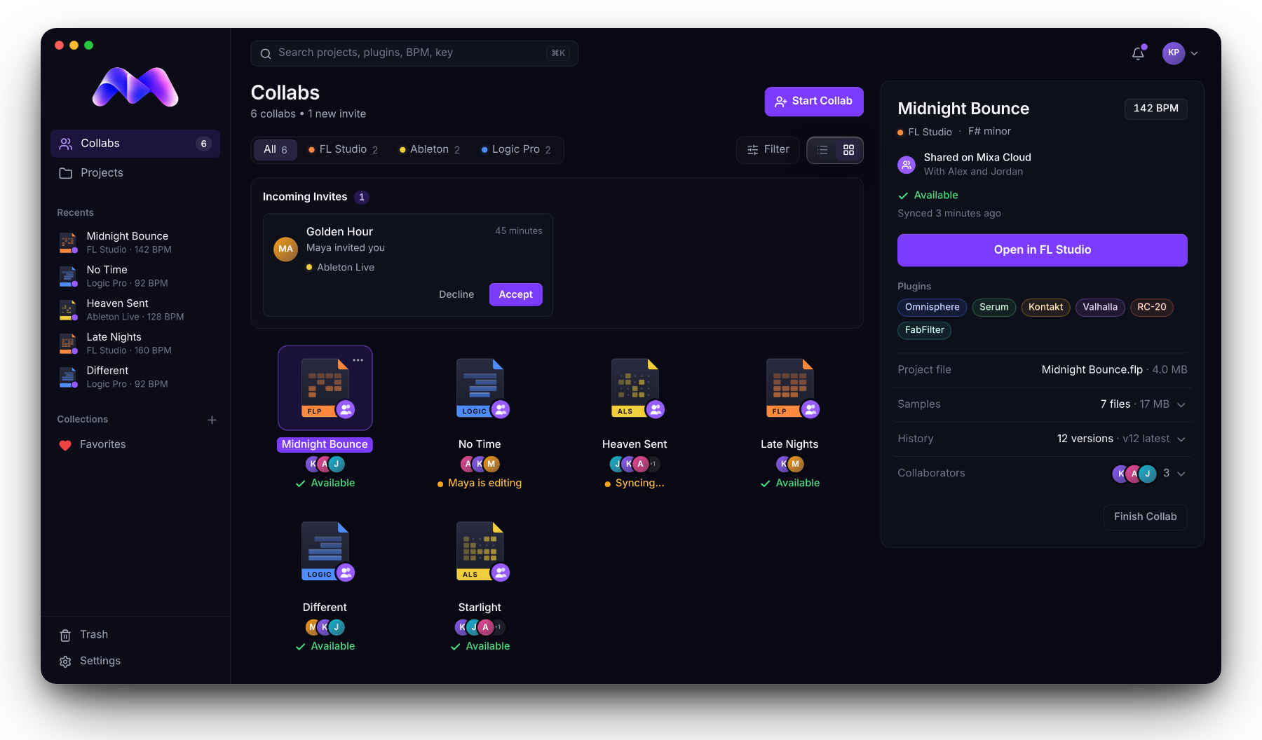Mixa showing six collabs: one being edited by Maya, one syncing, the rest available